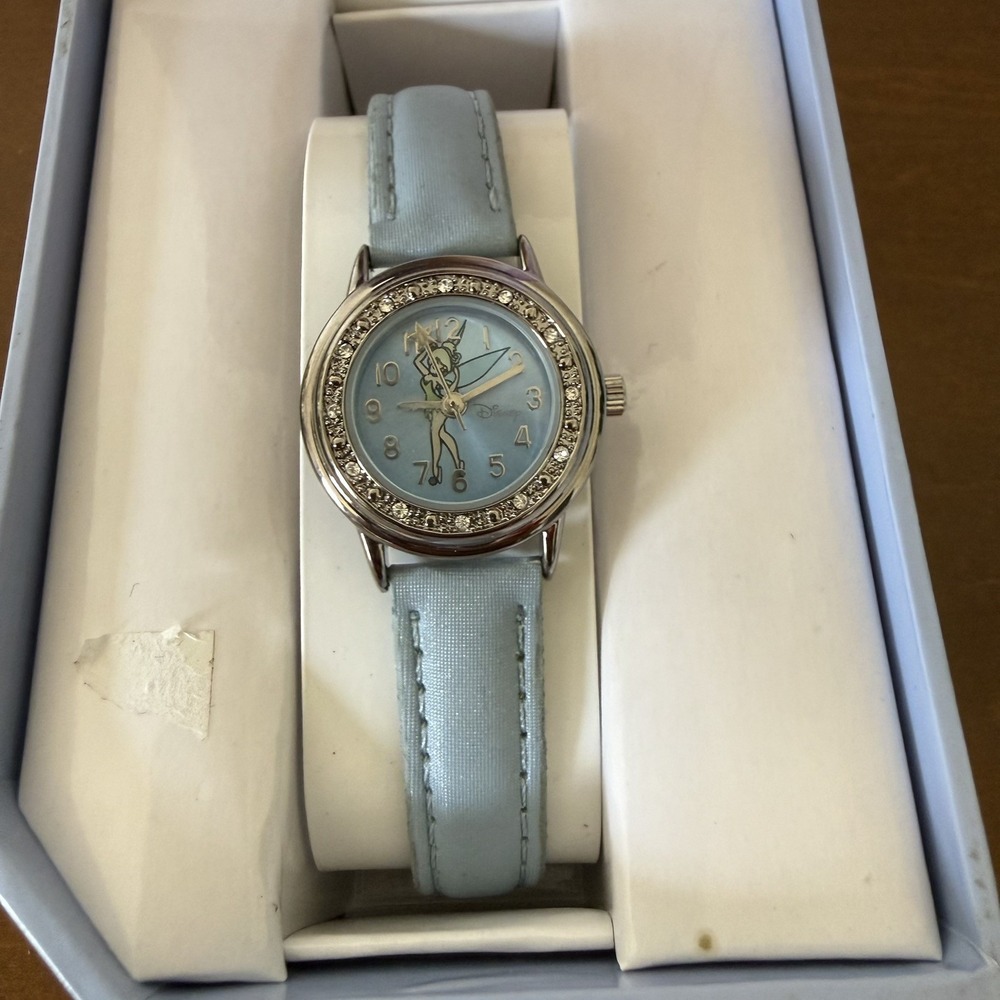 NIB Disney Tinkerbell Watch Baby Blue Band Rinestone Faux Leather Strap